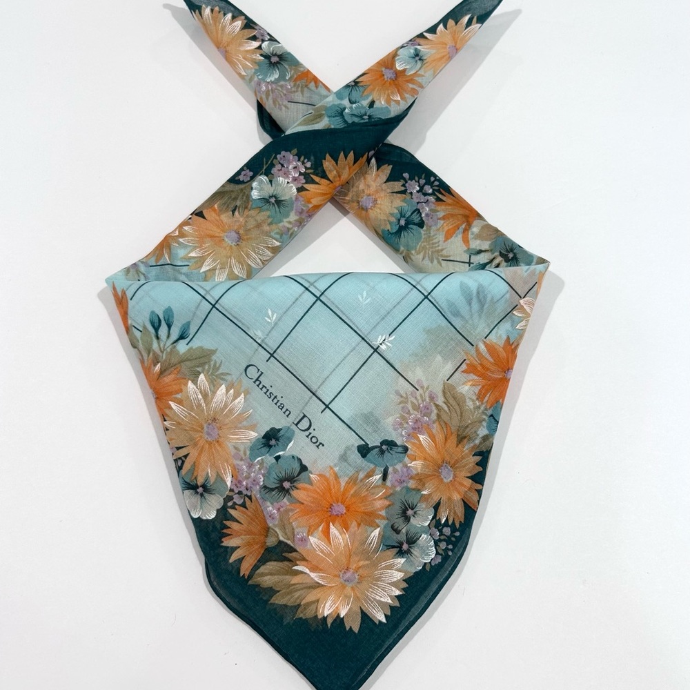 Women Handkerchief Christian Dior Floral Green Teal Scarf Bandana Cotton 18”